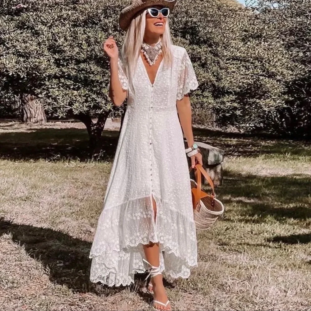 Bella Stitch Ivy And Lace Boho Button Front Maxi Dress In Allover Lace, Lined - Picture 3 of 9